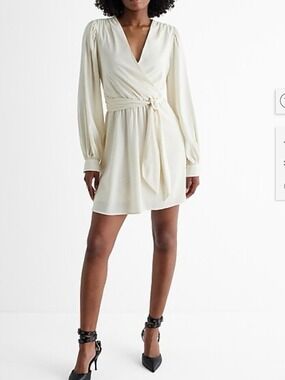 Express Cream V-Neck Surplice Long Sleeve Tie Waist Mini Dress